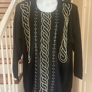 Victoria Jones Black Cotton Blend Tunic Sweater Silver & Gold Beading Xmas 1X